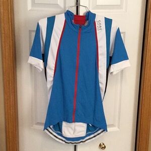 GORE Men’s Blue Short-Sleeve Cycling Jersey with Red Zip and White Panels